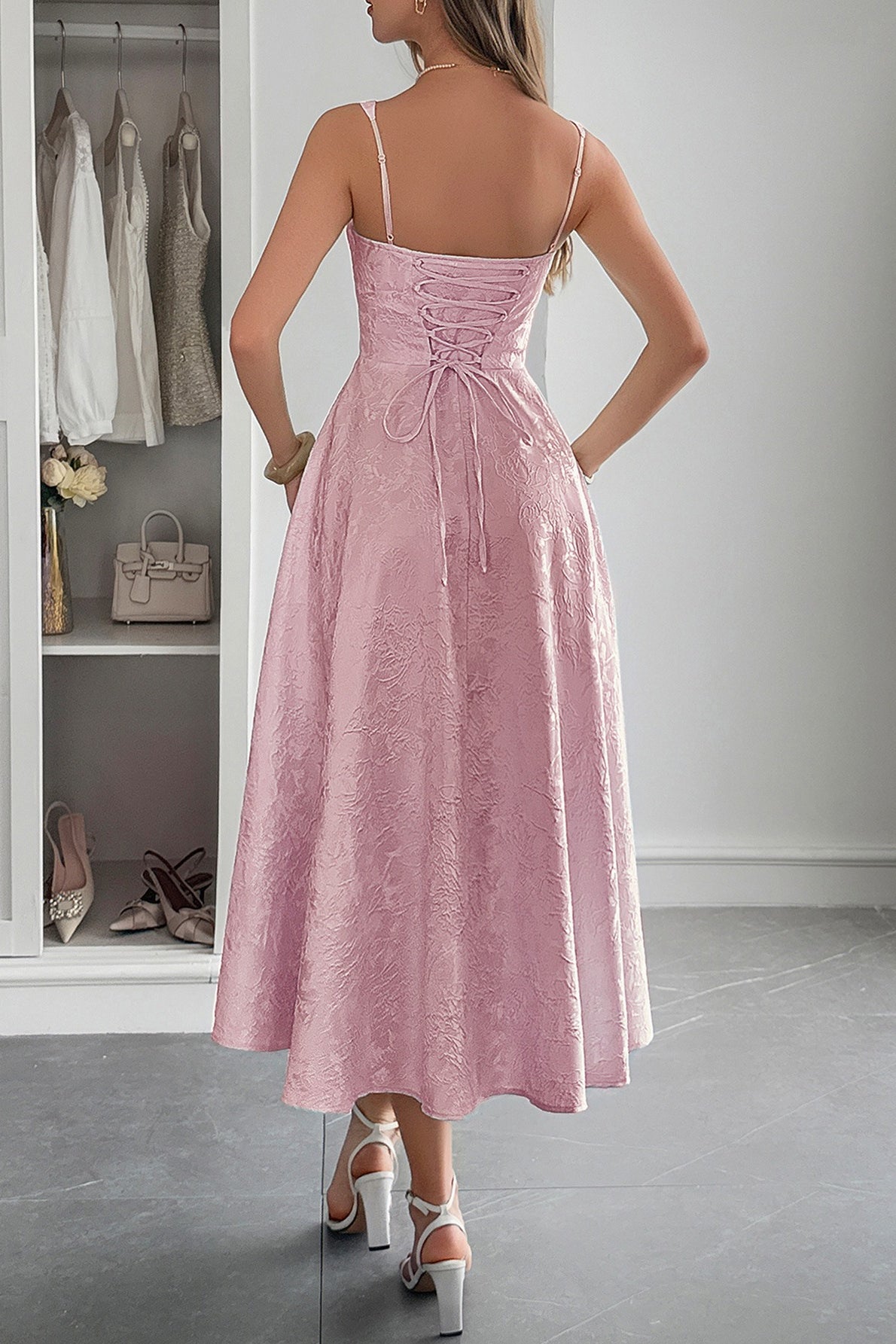 Jacquard Sweetheart Spaghetti Strap Fit and Flare Midi Dress - View 2