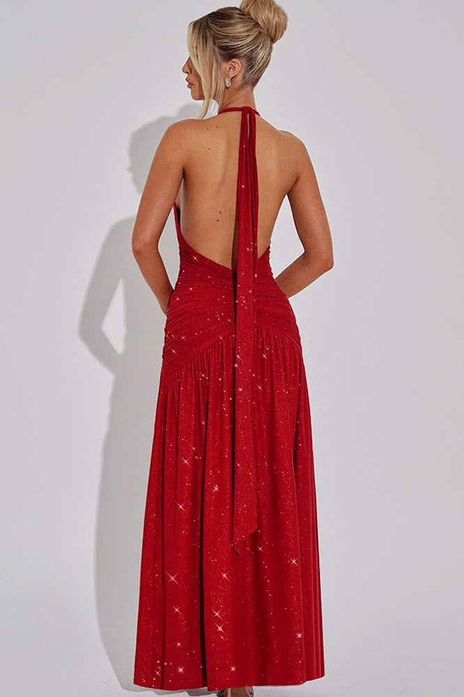 Glitter Halter Neck Plunge Ruched High Split Maxi Dress - View 8
