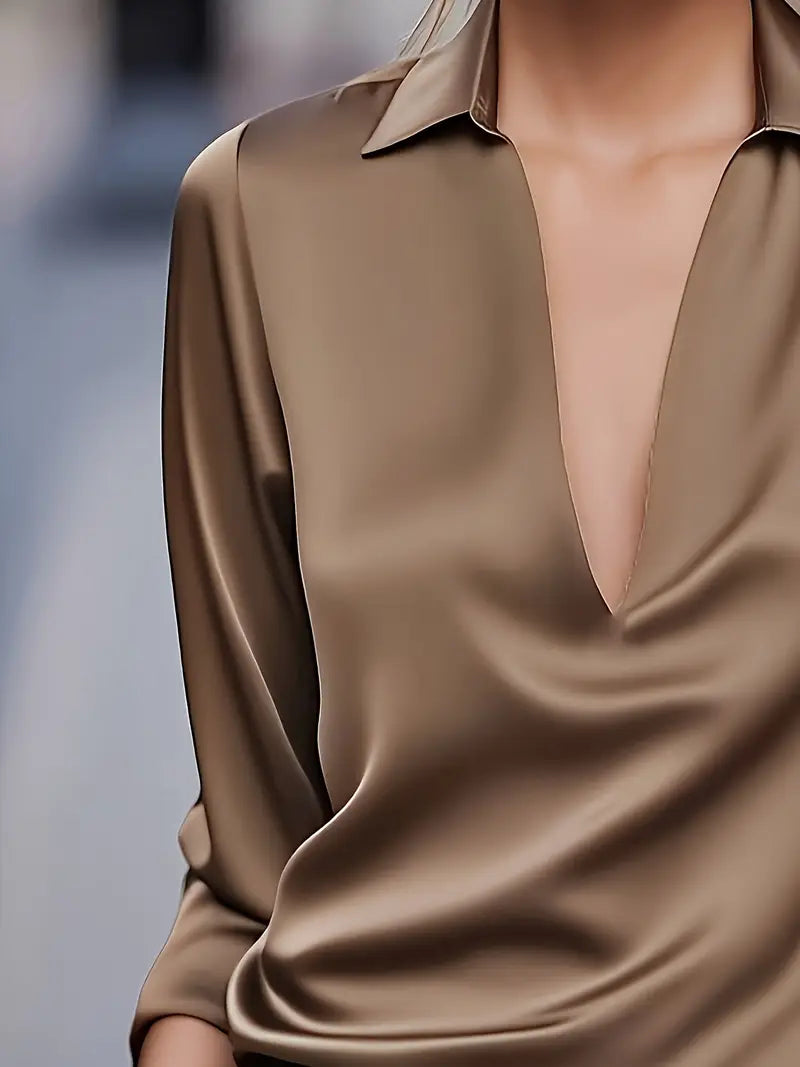 Collared Deep V-Neck Long Sleeve Satin Blouse 28