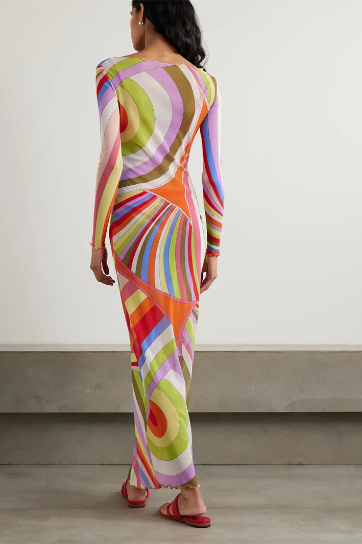 Striped Print Mesh See Through Patchwork Maxi Dress - View 4