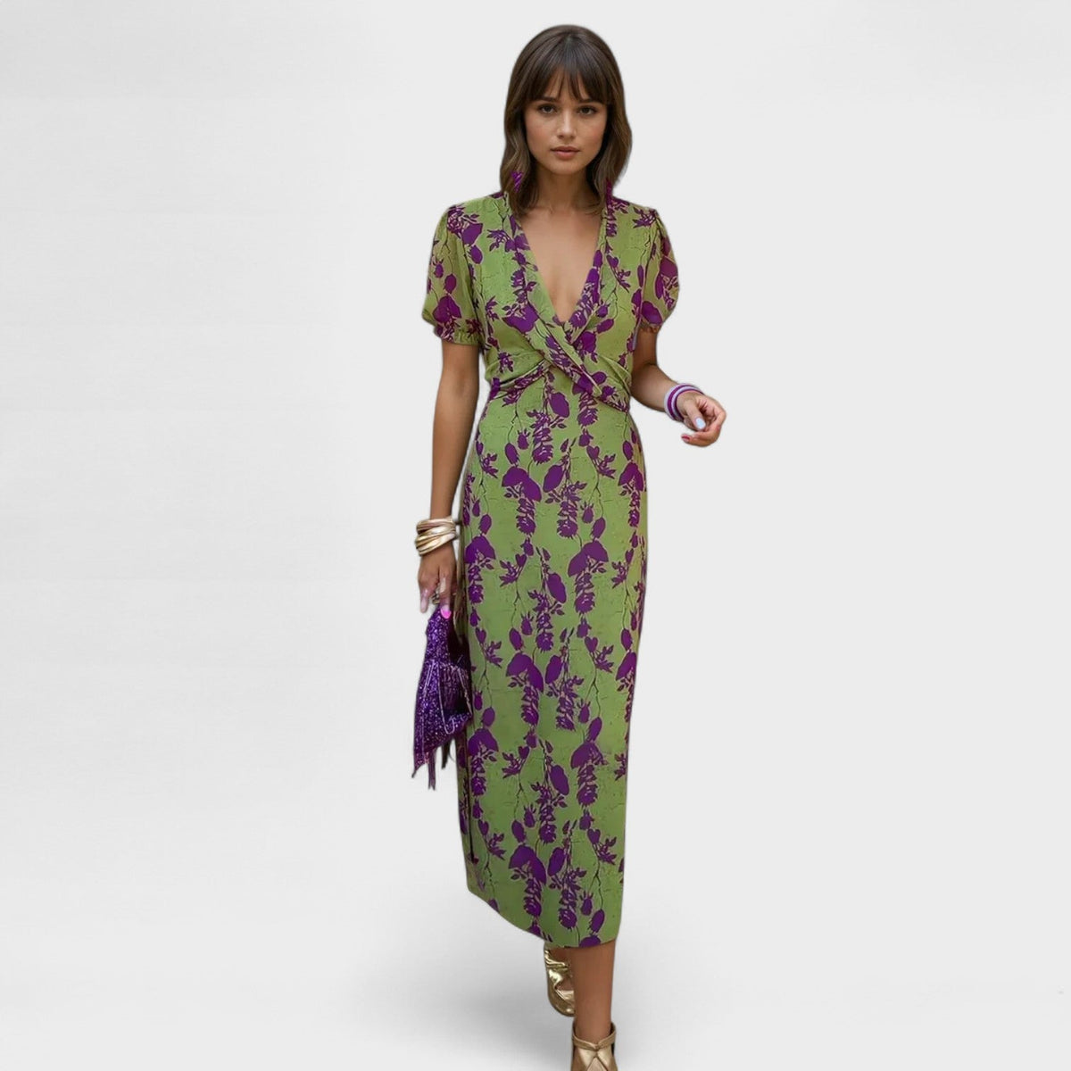 Floral V-Neck Puff Sleeve Twist Front Midi Dress 3