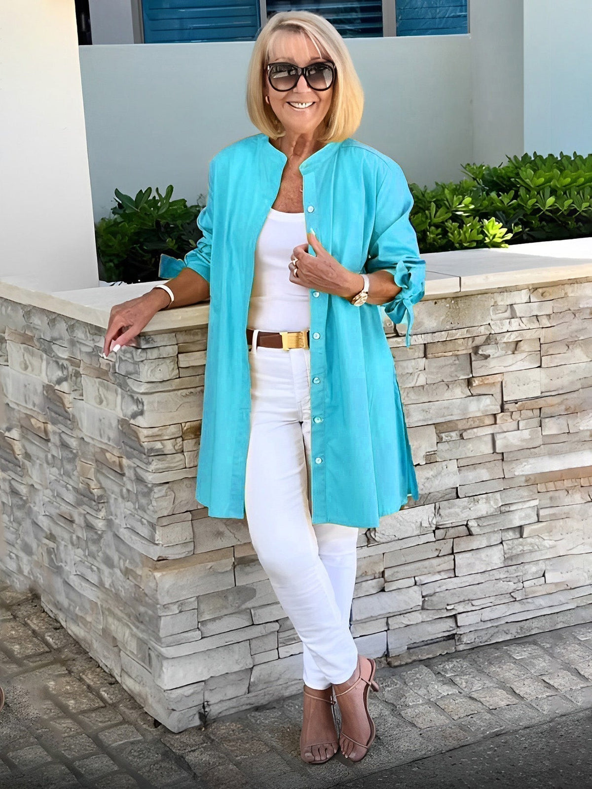 Band Collar Roll Sleeve Button Longline Shirt Jacket 19