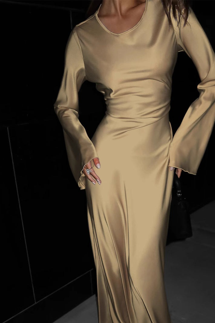 Satin Boat Neck Long Sleeve Tie Waist Bias Cut Maxi Gown - View 3