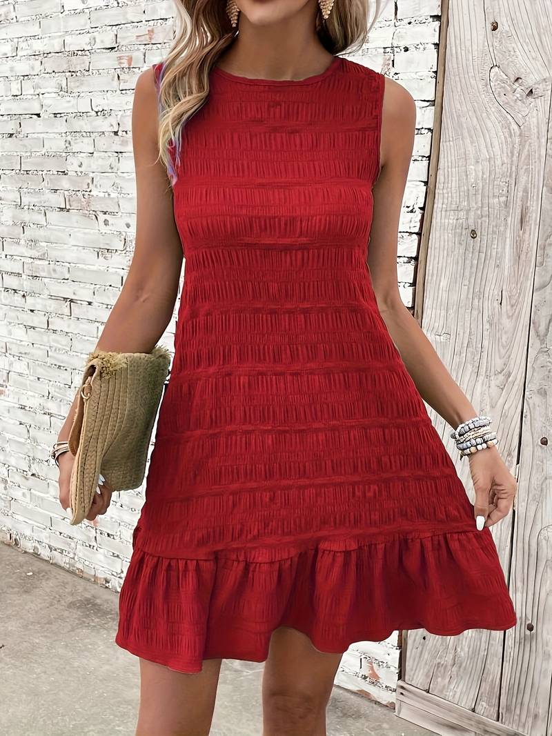 Smocked Sleeveless Crew Neck Ruffle Flounce Hem A-Line Mini Dress - View 2