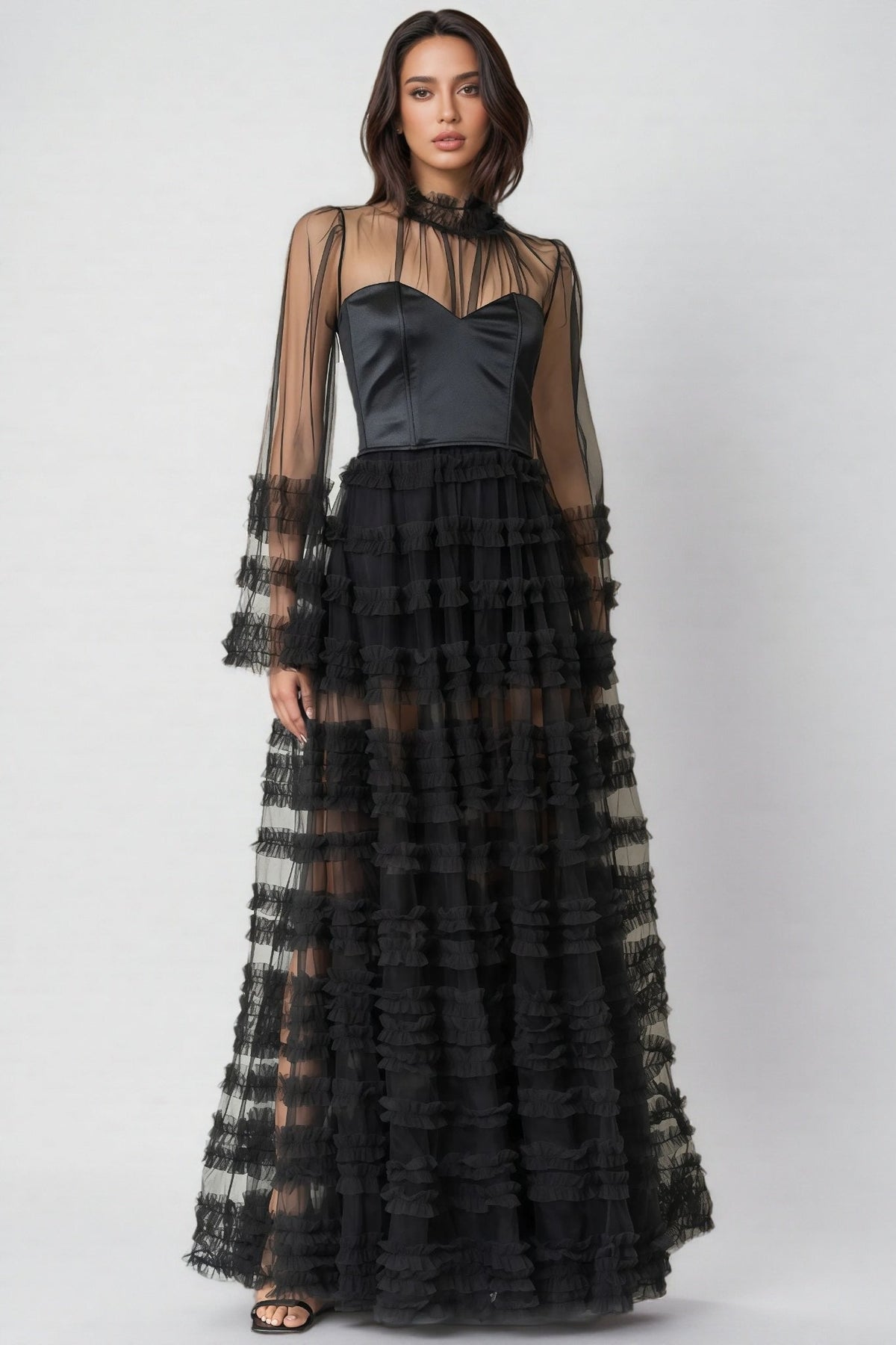 Thora Sheer Black Ruffled Maxi Dress