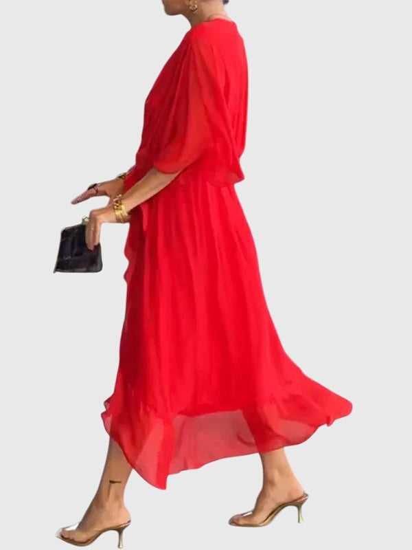 Chiffon V-Neck Batwing Sleeve Belted High Low Midi Dress 10