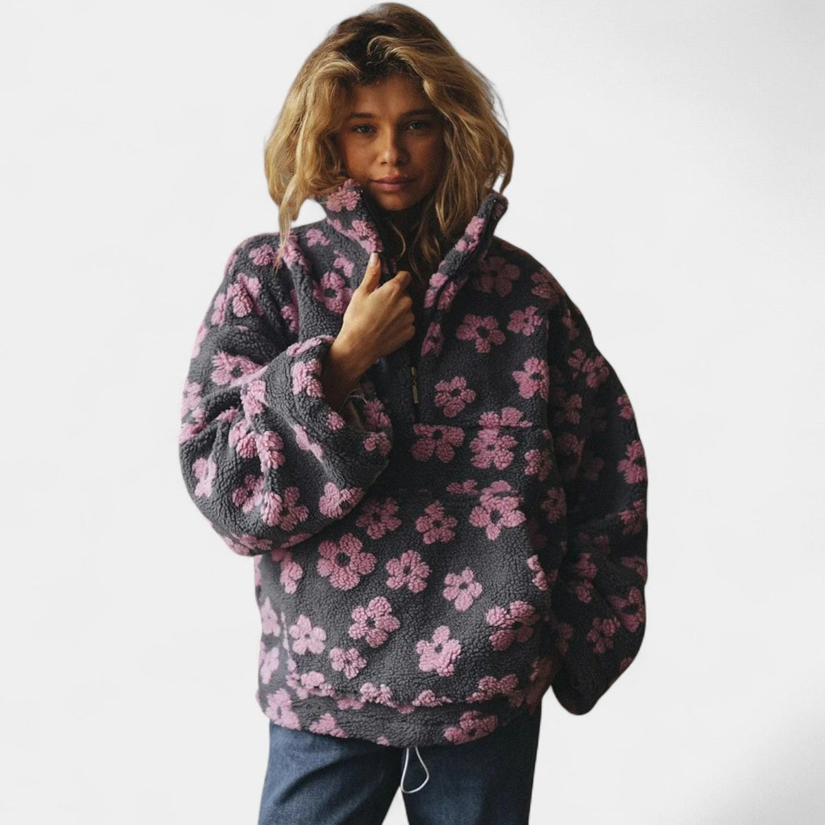 Floral Print Half Zip Collared Sherpa Fleece Pullover 2