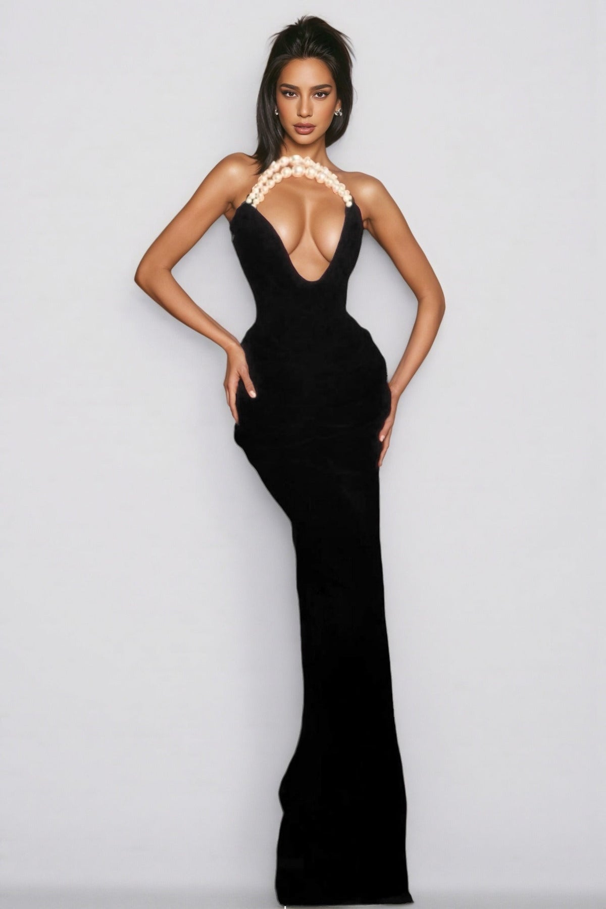 Velvet Pearl Halter Neck Deep Plunge Bodycon Maxi Gown