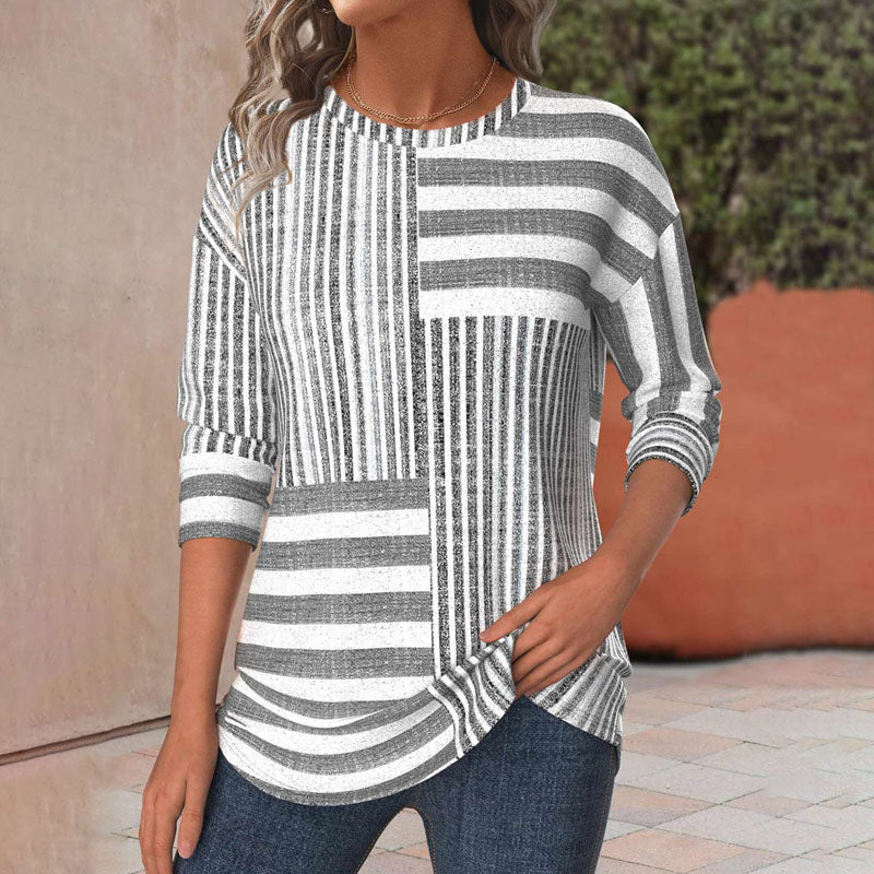 Striped Colorblock Patchwork Crew Neck Long Sleeve Top