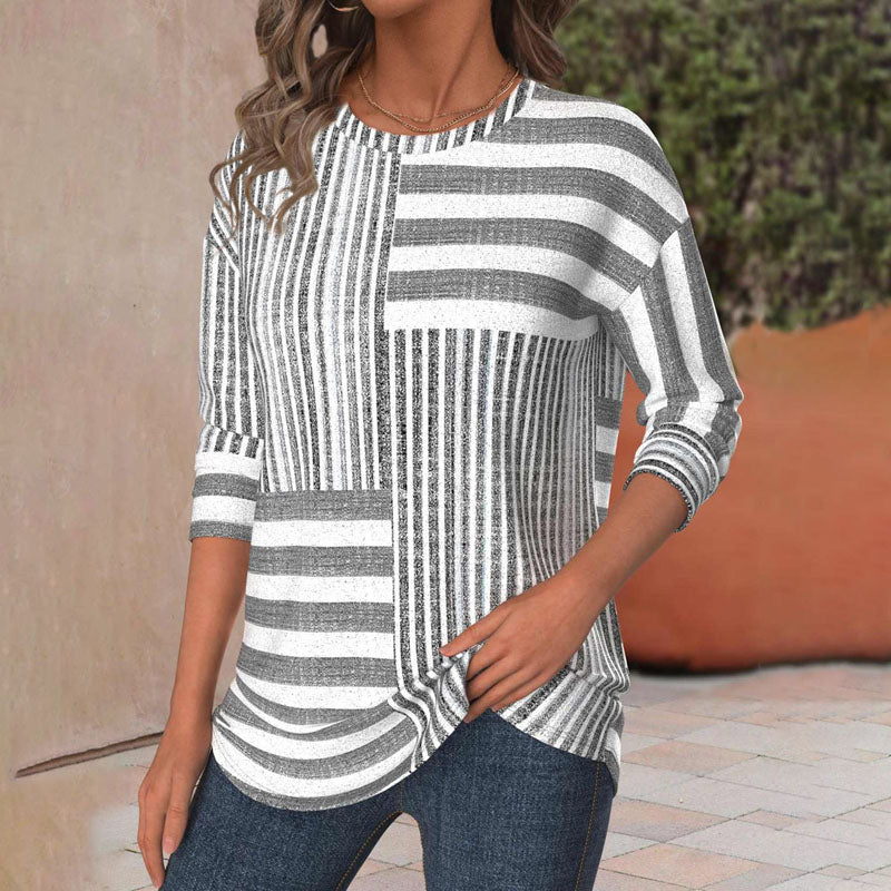 Striped Colorblock Patchwork Crew Neck Long Sleeve Top 3