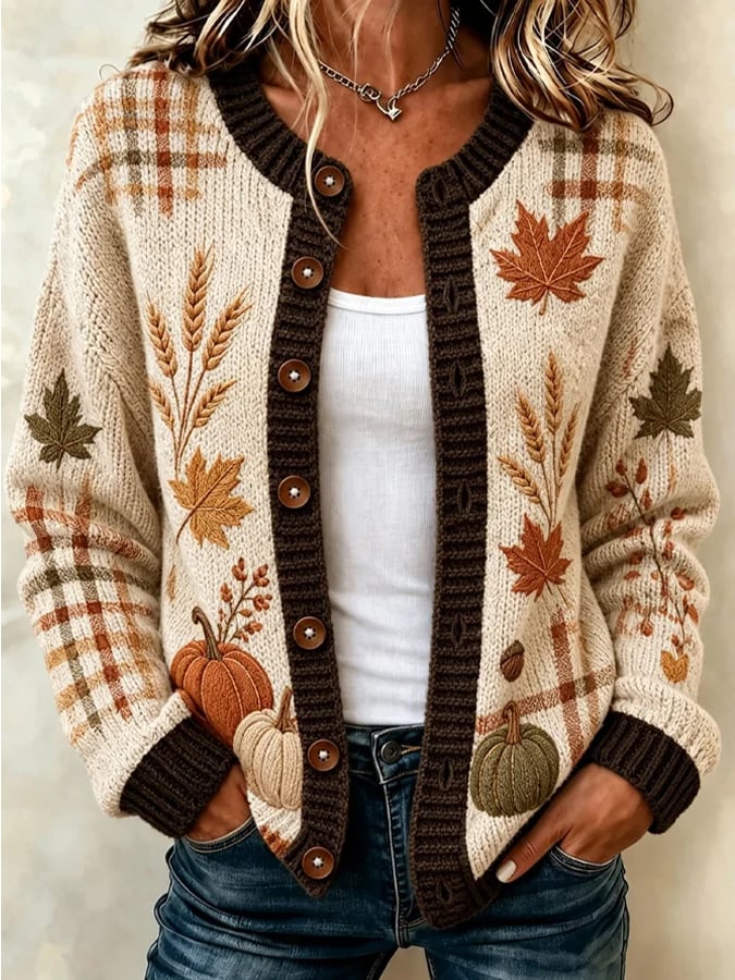 Autumn Leaf Pumpkin Embroidered Plaid Button Front Knit Cardigan