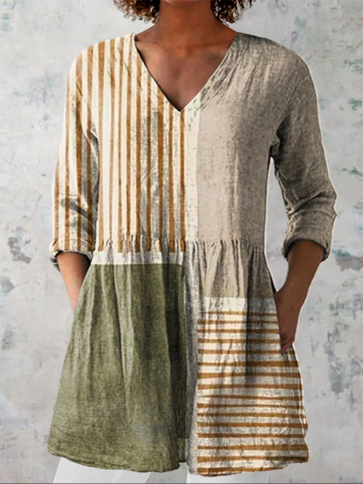 Striped Patchwork V-Neck Long Sleeve Peplum Tunic Top