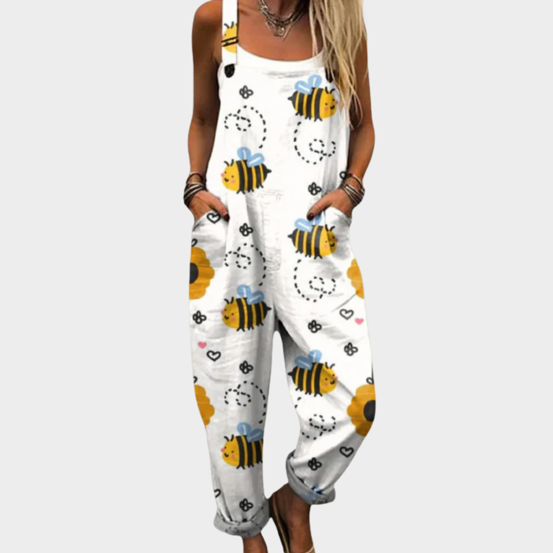 Bee Print Sleeveless Wide Leg Overall Jumpsuit