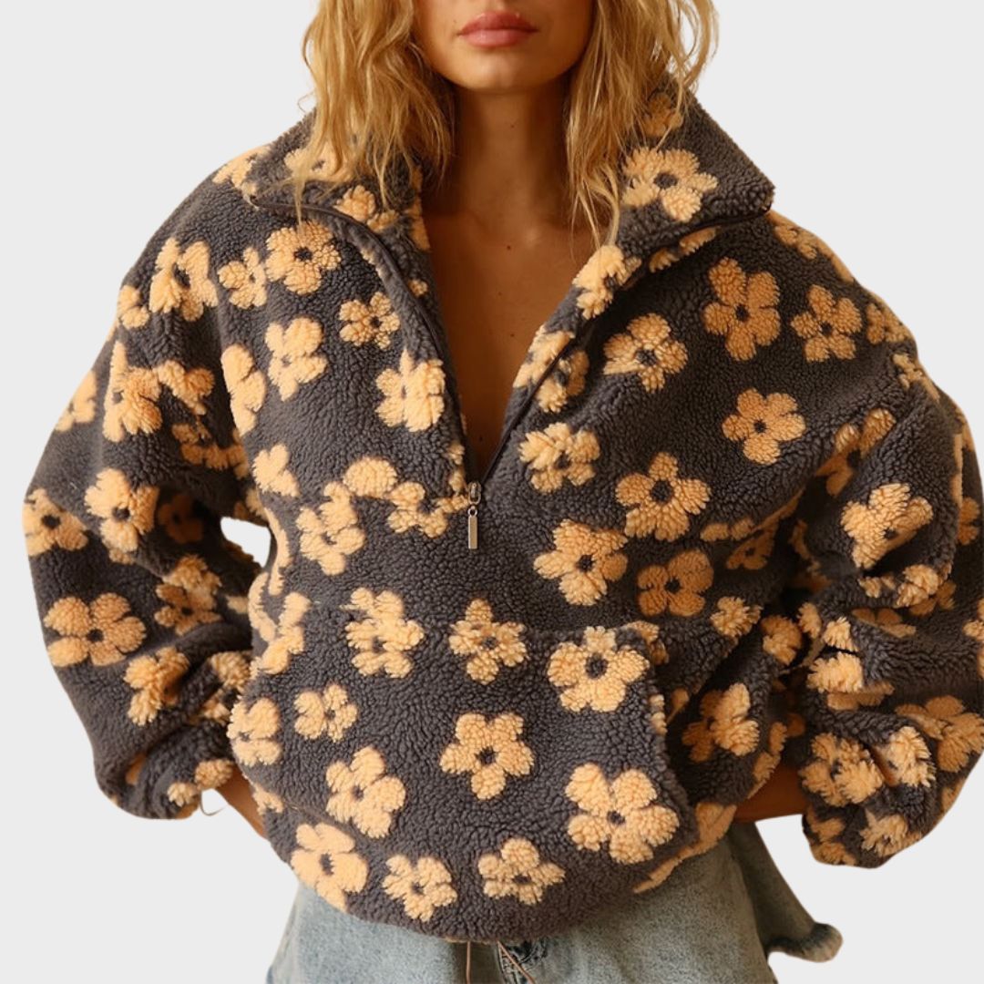 Floral Print Quarter Zip Fleece Pullover Sweatshirt