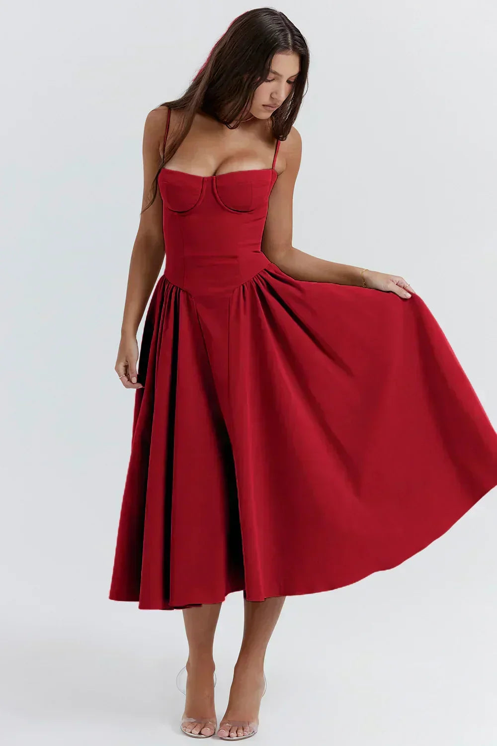 Spaghetti Strap Corset Bodice Pleated Fit and Flare Midi Dress - View 16