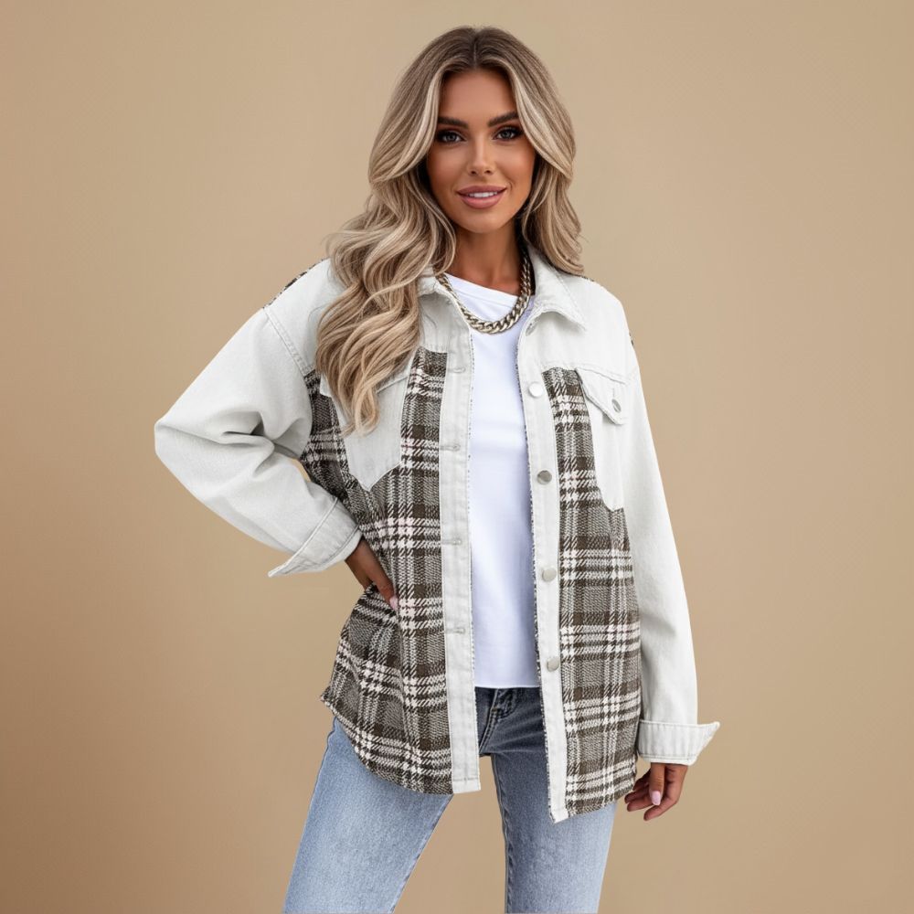 Plaid Patchwork Denim Button Front Shacket 18