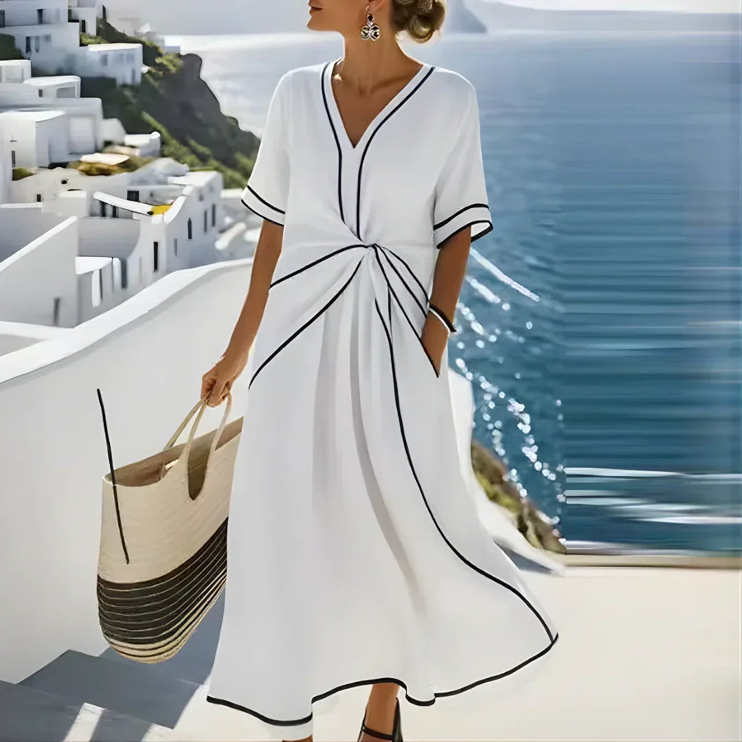 Contrast Trim V-Neck Short Sleeve Twist Front Midi Dress