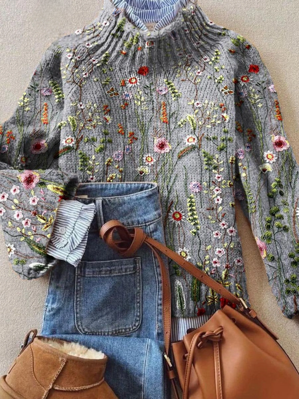 Floral Embroidered Turtleneck Long Sleeve Knit Sweater