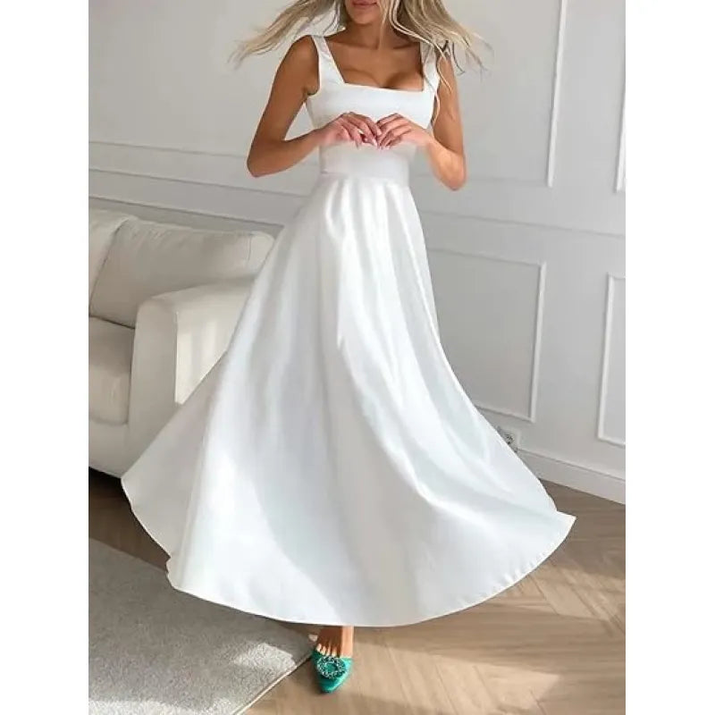 Satin Square Neck Rhinestone Trim Wide Strap Maxi Gown - View 6