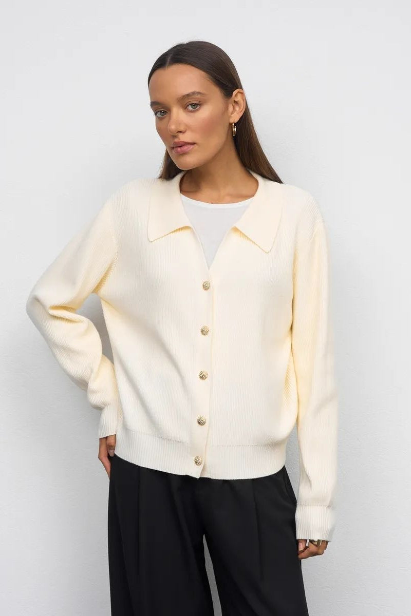 Solid V Neck Button Down Cardigan S / White