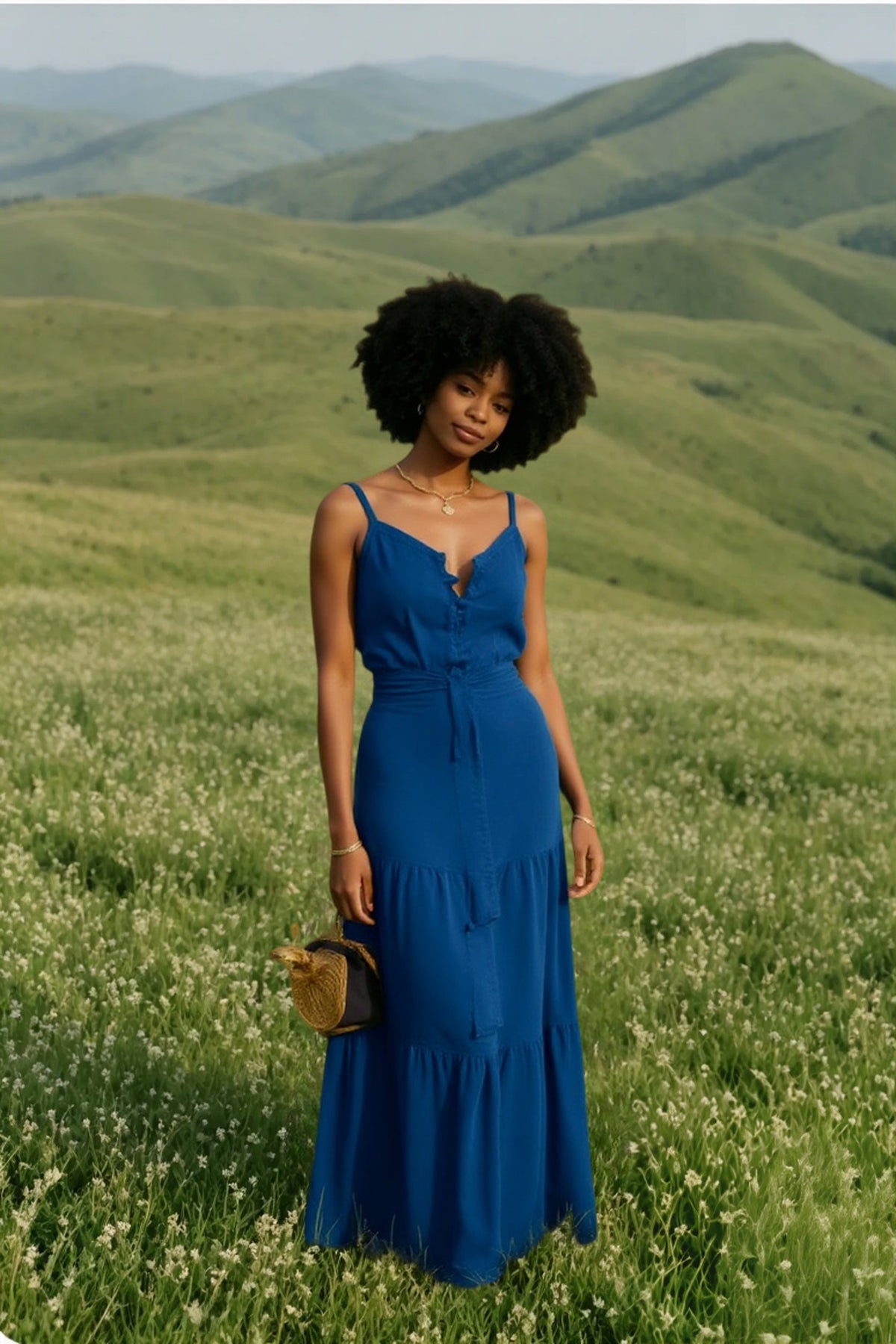 V Neck Tunic Ruffles Maxi Dress
