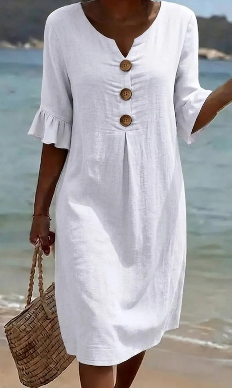 Notch Neck Button Front Ruffle Sleeve Shift Dress
