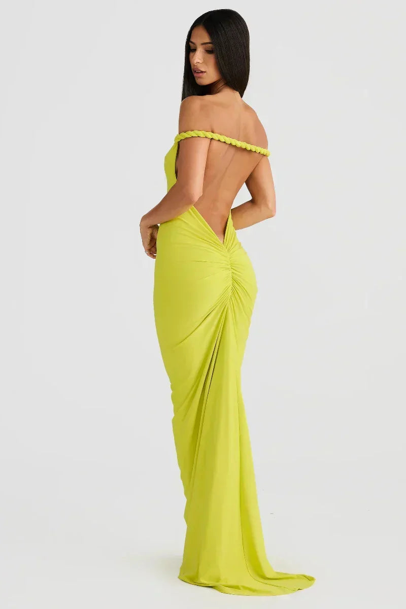 Off Shoulder Fold Over Sleeve Knit Bodycon Floor Length Gown - View 4