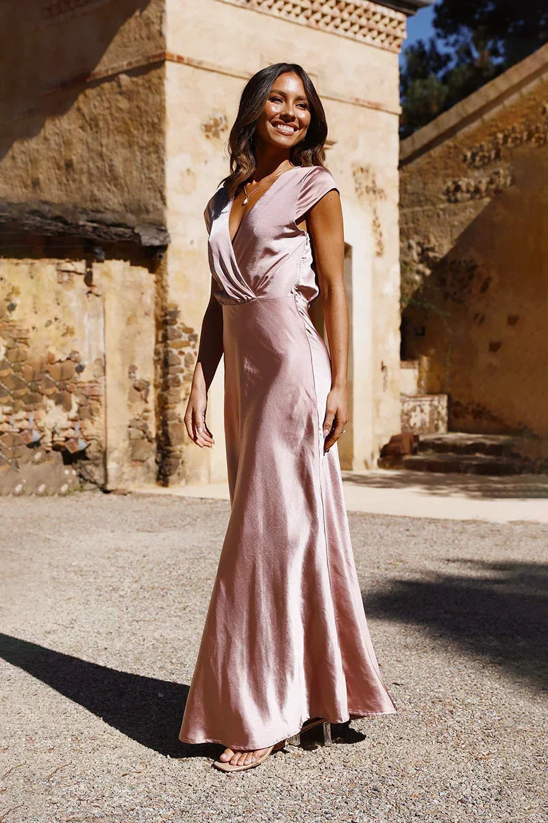 Satin Wrap Deep V-Neck Flutter Sleeve A-Line Maxi Gown
