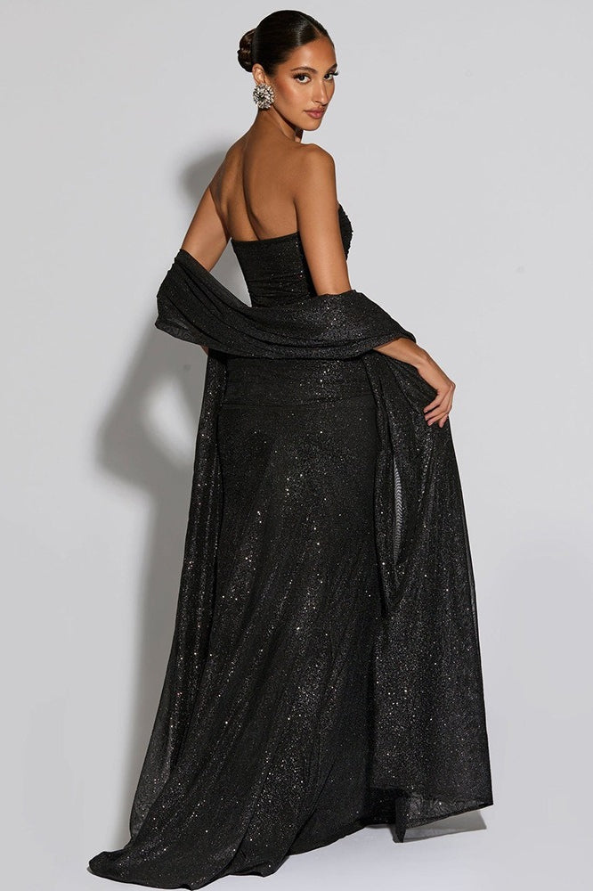 Strapless Draped Sash Shimmer Ruched Mermaid Maxi Gown 5