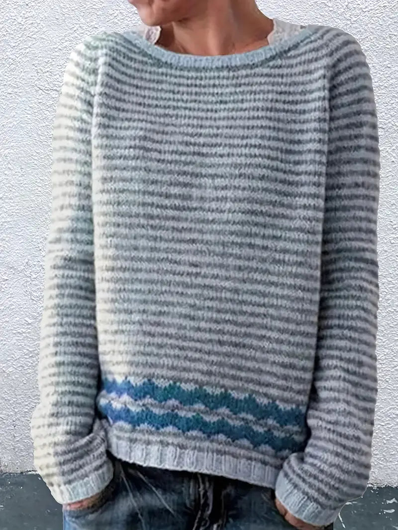 Round Neck Long Sleeve Striped Ribbed Knit Sweater 2