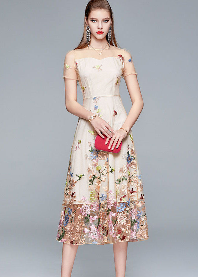 Floral Embroidered Mesh Illusion Neck Short Sleeve Midi Dress - View 3