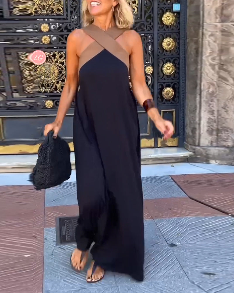 Cross Halter Neck Contrast Panel Sleeveless Draped Maxi Dress 11