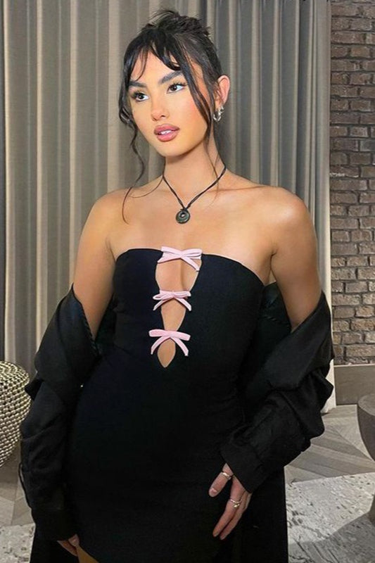 Strapless Bow Lace Up Cut Out Bodycon Mini Dress 4
