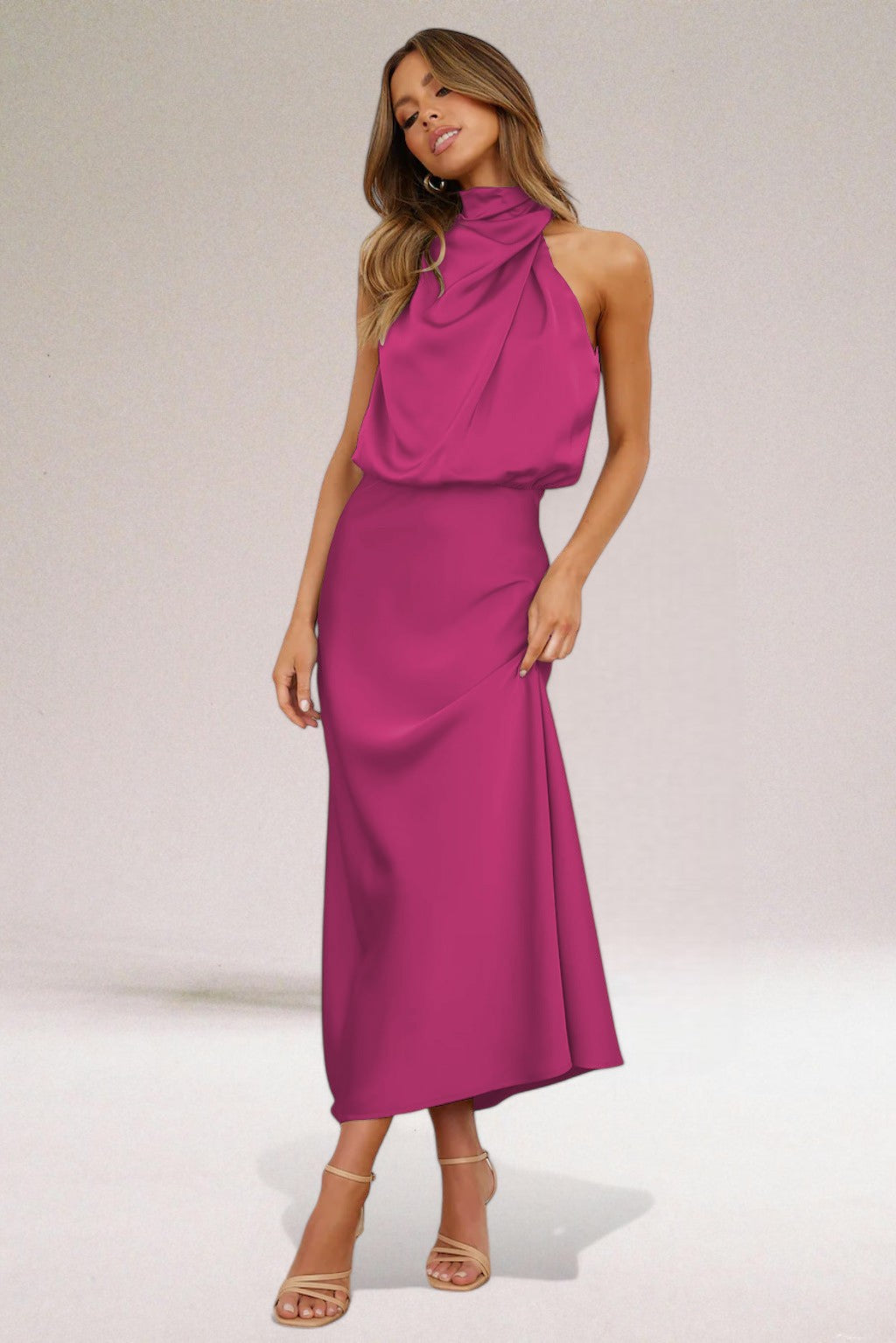 Halter Neck Draped Sleeveless Satin Maxi Dress 5