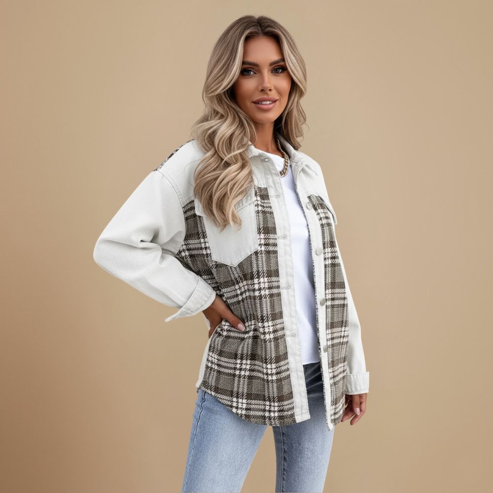 Plaid Patchwork Denim Button Front Shacket 19