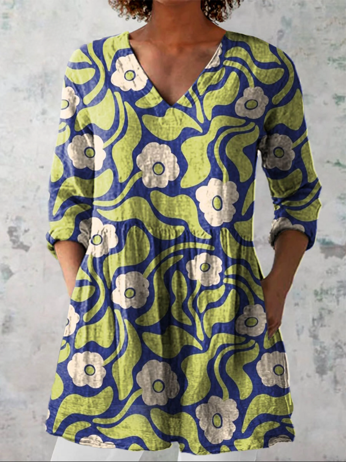 Retro Floral Print V-Neck Peplum Tunic Top