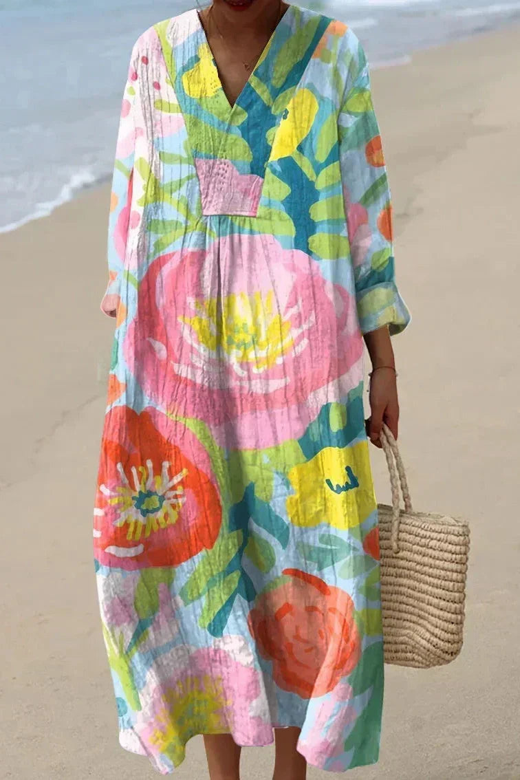 Floral Print V-Neck Long Sleeve Maxi Beach Dress