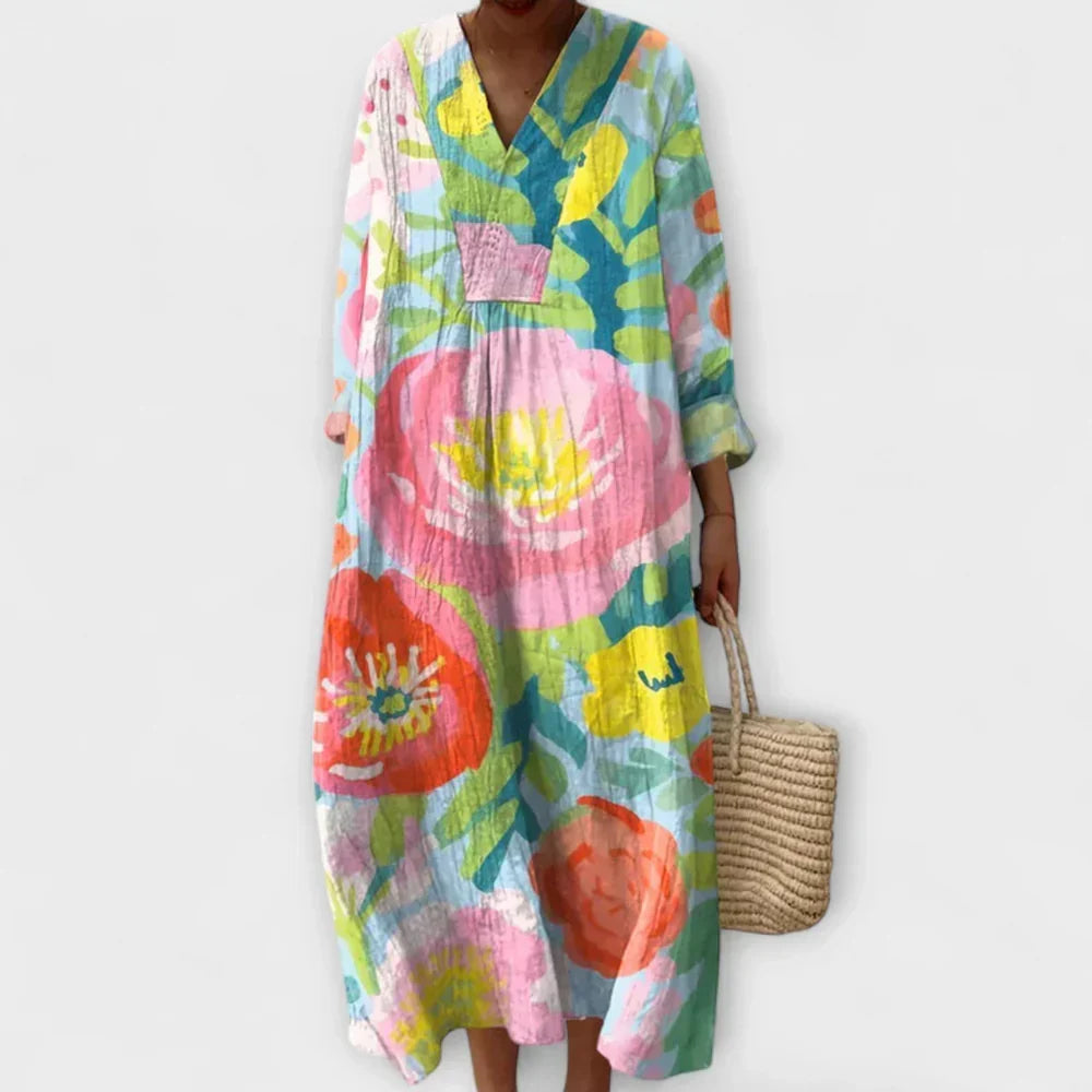Bright Floral Print V-Neck Long Sleeve Maxi Dress