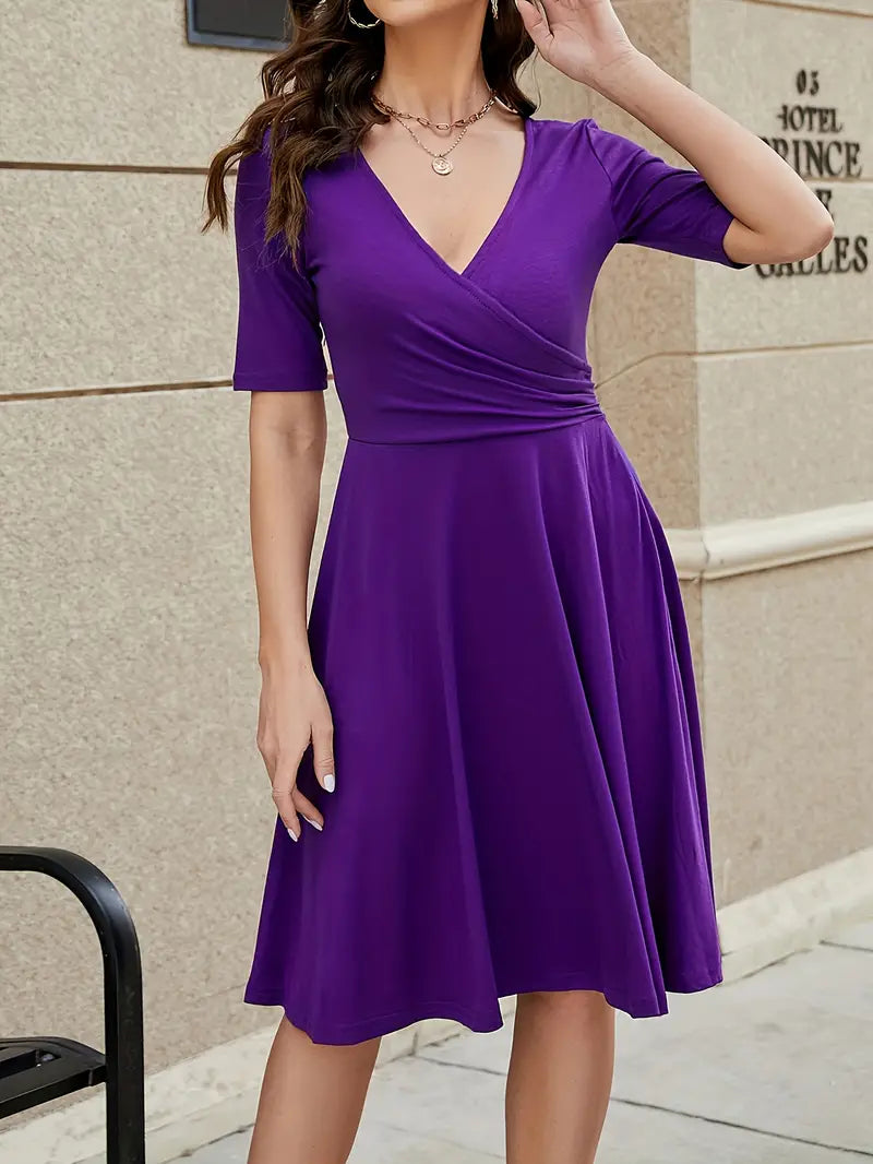 Wrap V-Neck Short Sleeve Fit and Flare Knee Length Midi Dress