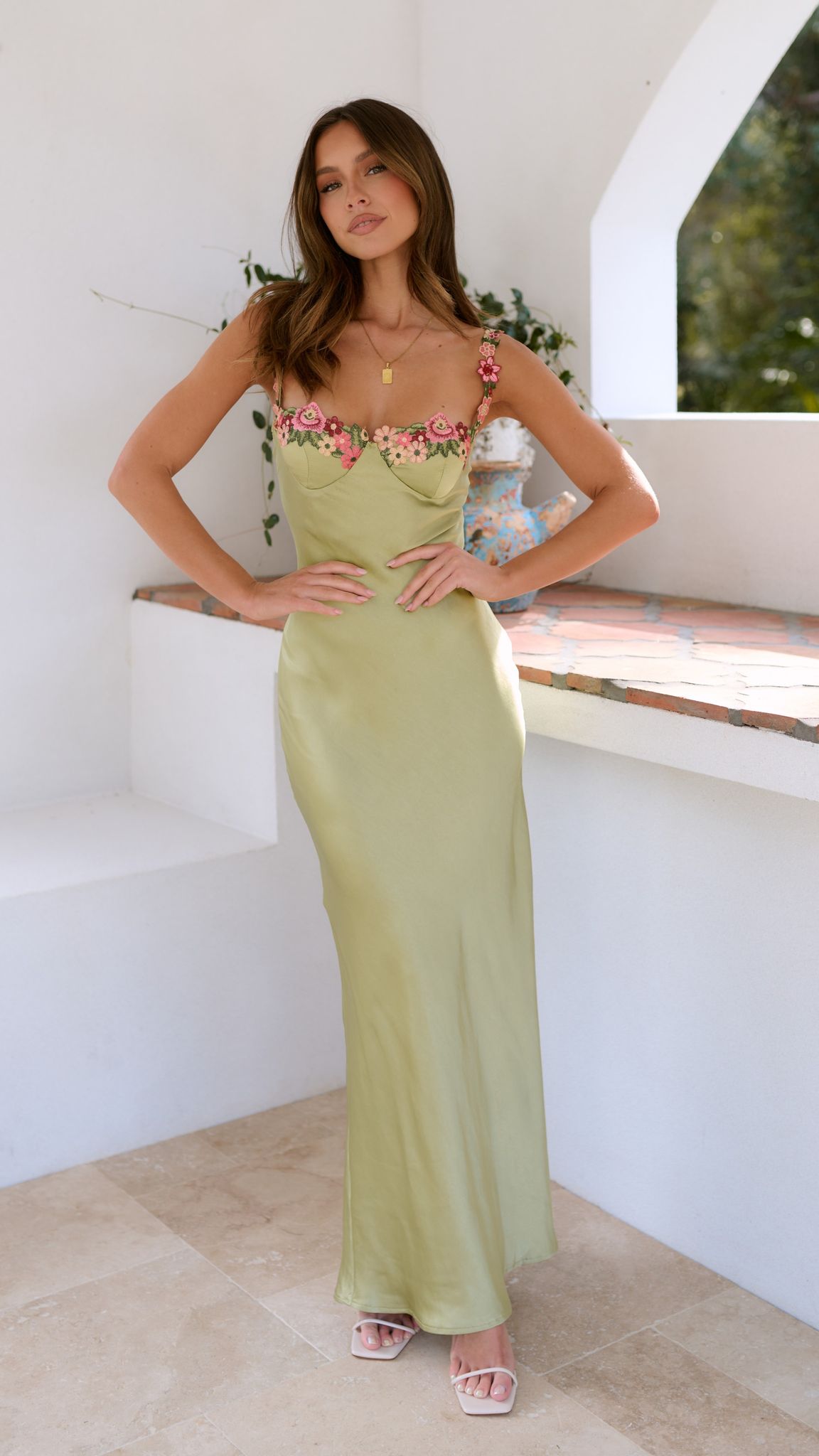 Floral Applique Sweetheart Satin Slip Maxi Dress 5