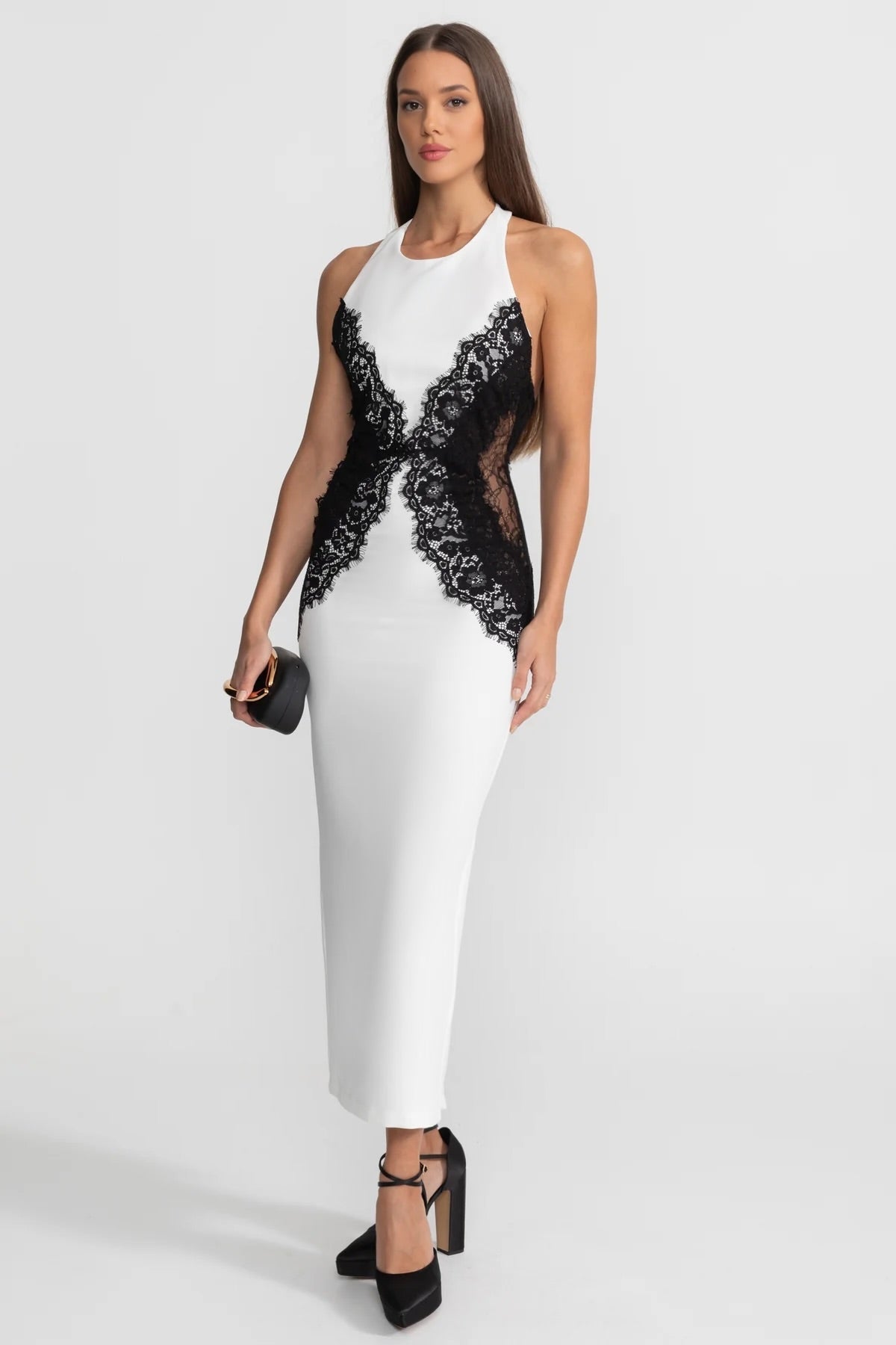 Halter Maxi Dress with Contrast Lace Panels – White - View 2
