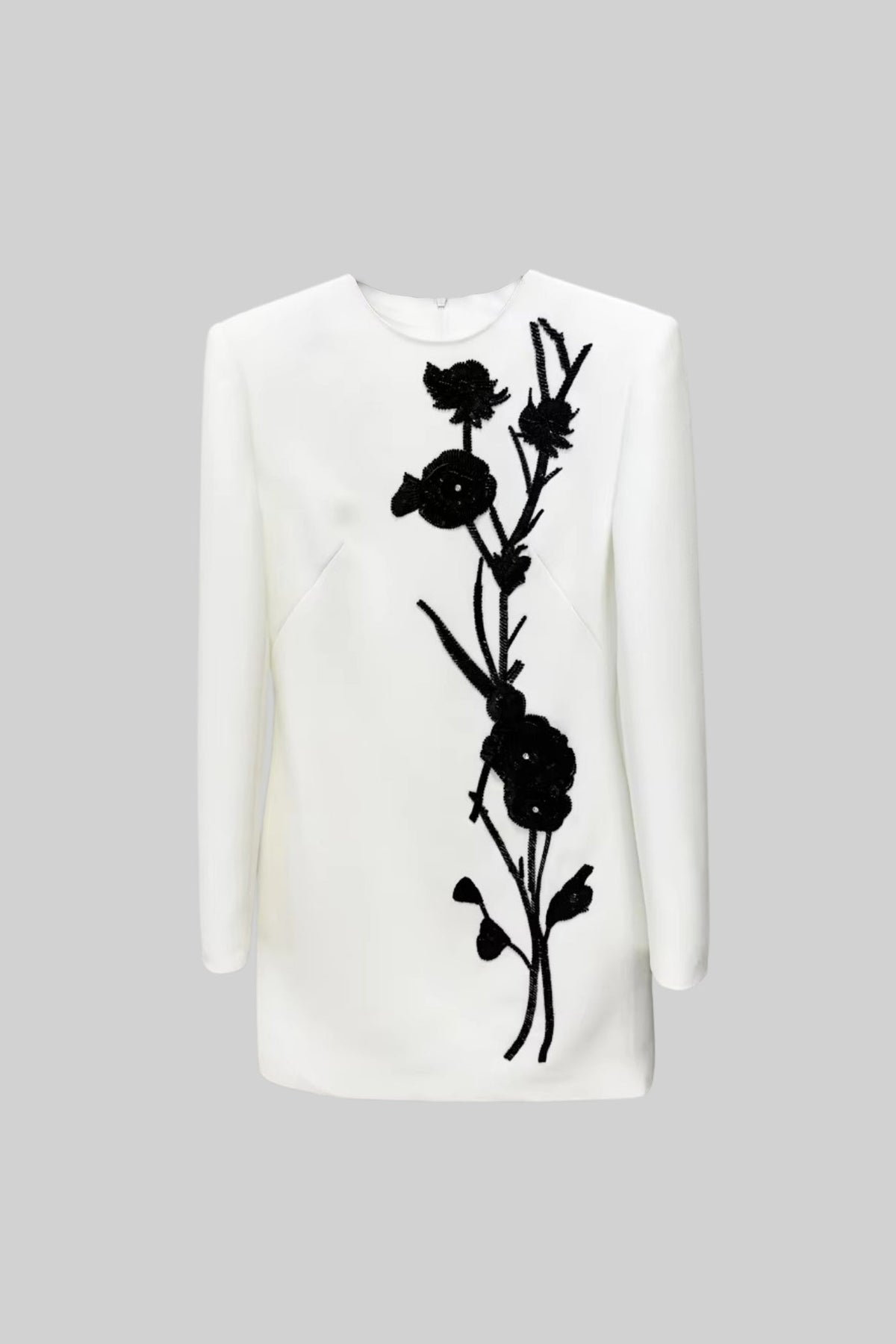 Long Sleeved Mini Dress With Contrasting Floral Embroidery - White - View 2