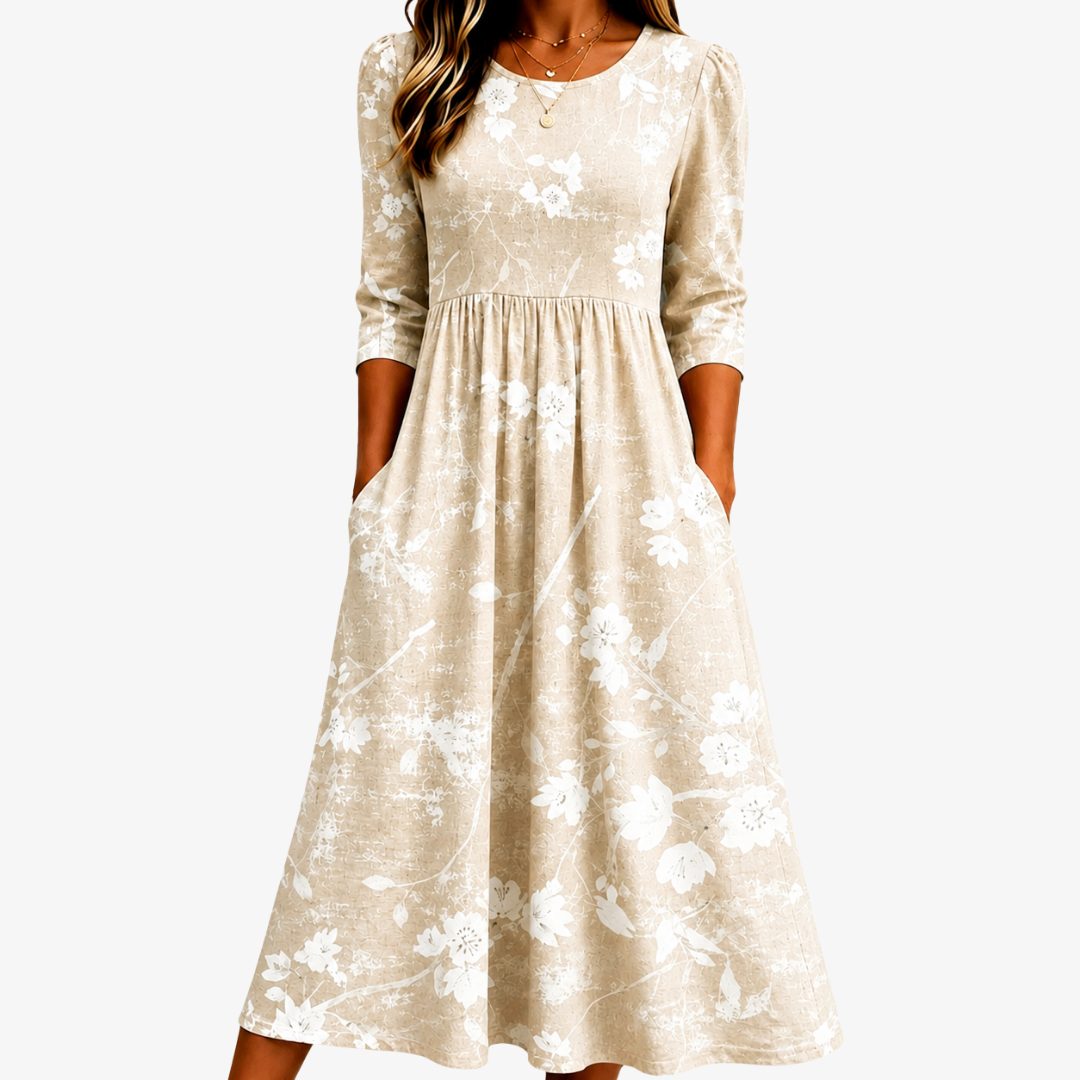 Floral Round Neck 3/4 Sleeve Empire Waist Pocket Midi Dress