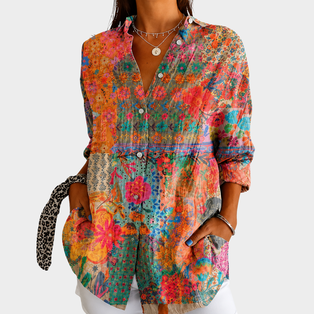 Floral Patchwork Print Button Front Long Sleeve Blouse
