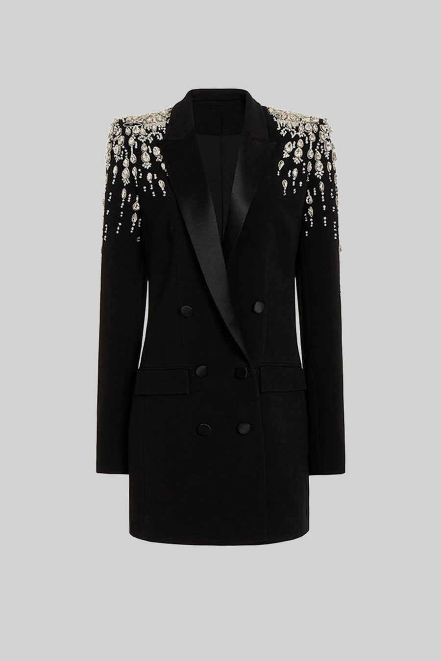 Satin Peak Lapel Rhinestone Shoulder Double Breasted Mini Dress - View 2