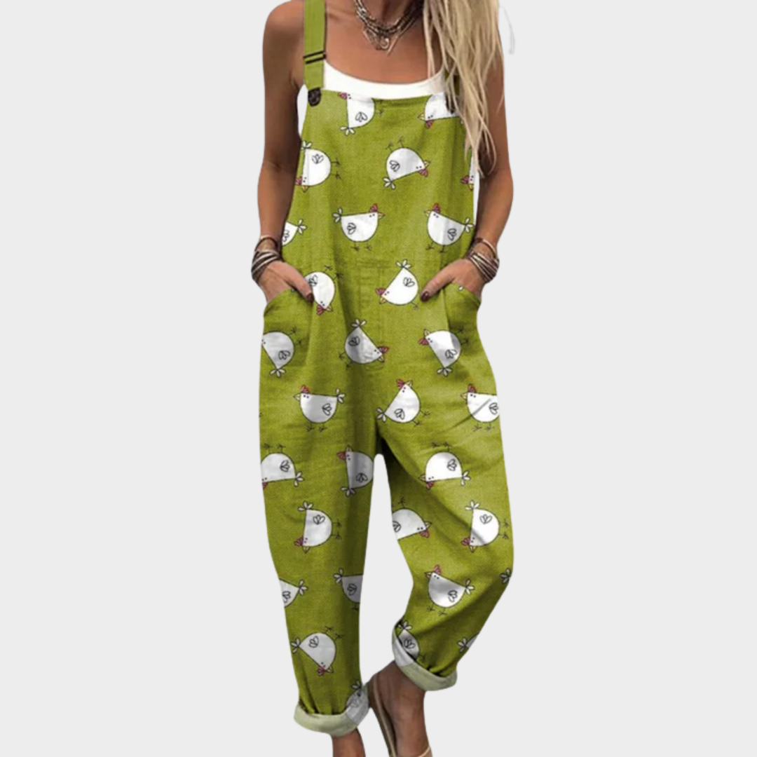 Chicken Print Pocket Wide Leg Overall Jumpsuit