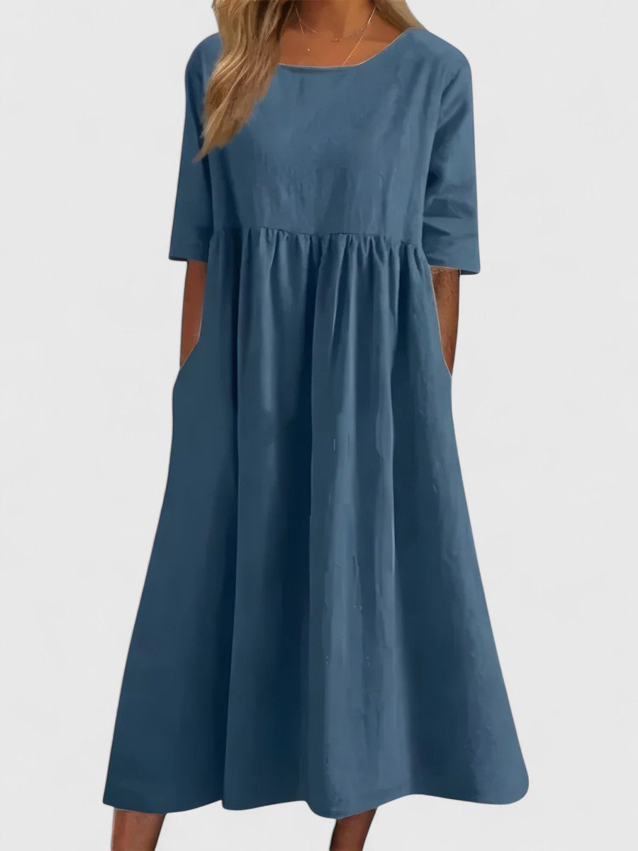 Scoop Neck Short Sleeve Pocket A-Line Midi Dress 2