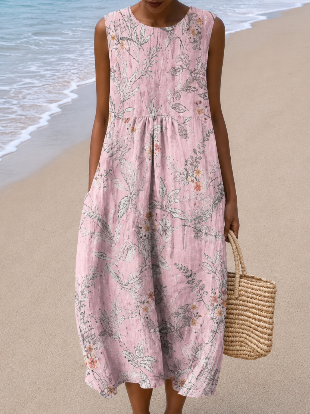 Botanical Floral Sleeveless Crew Neck Pocket Midi Dress