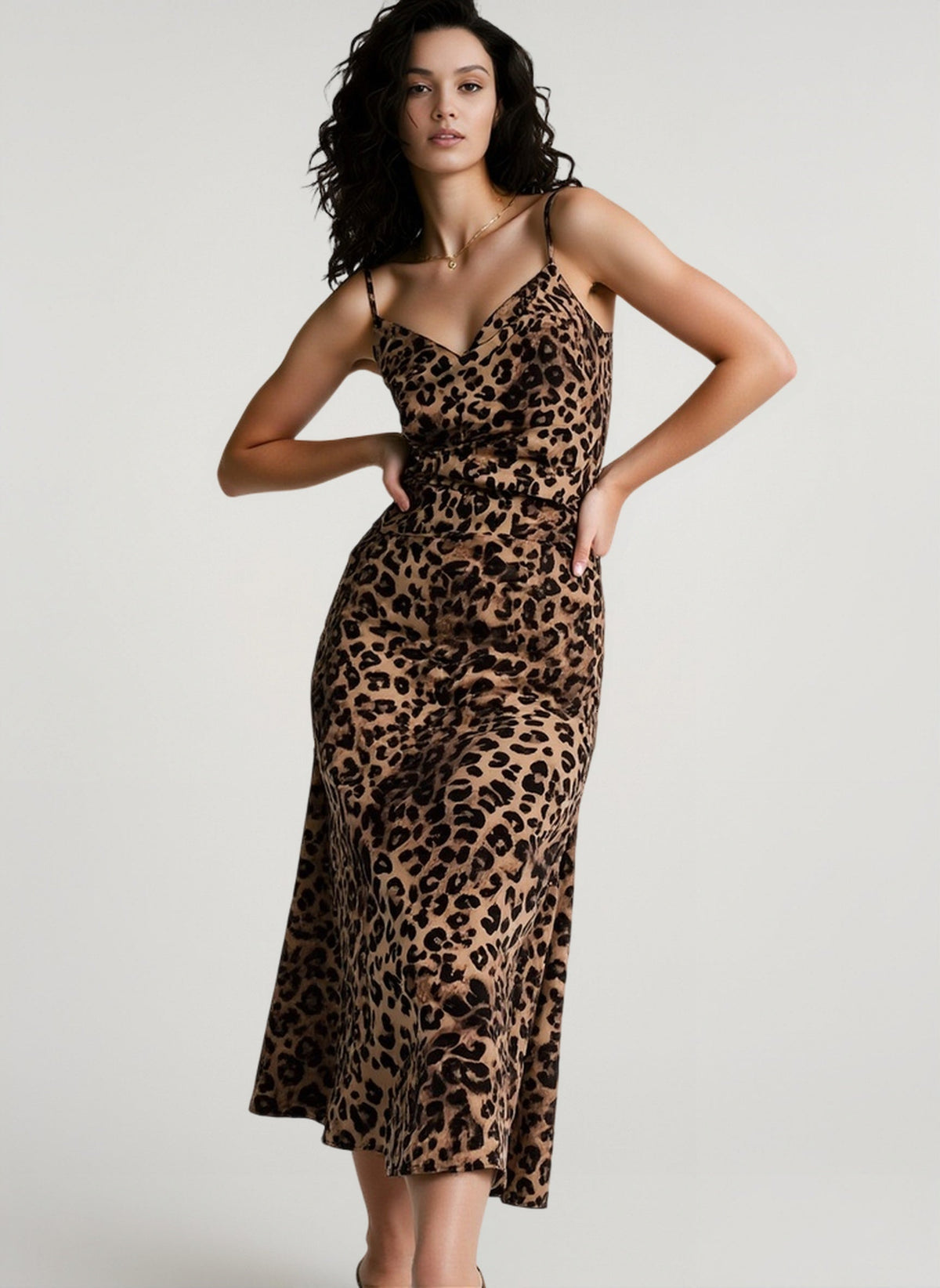 Leopard Print Cowl Neck Spaghetti Strap Satin Slip Midi Dress - View 3