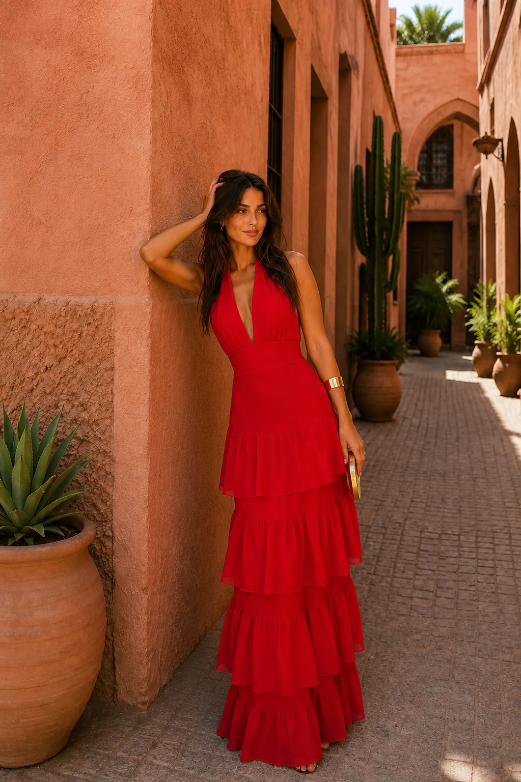 Halter Deep V-Neck Tiered Ruffle Maxi Dress 2